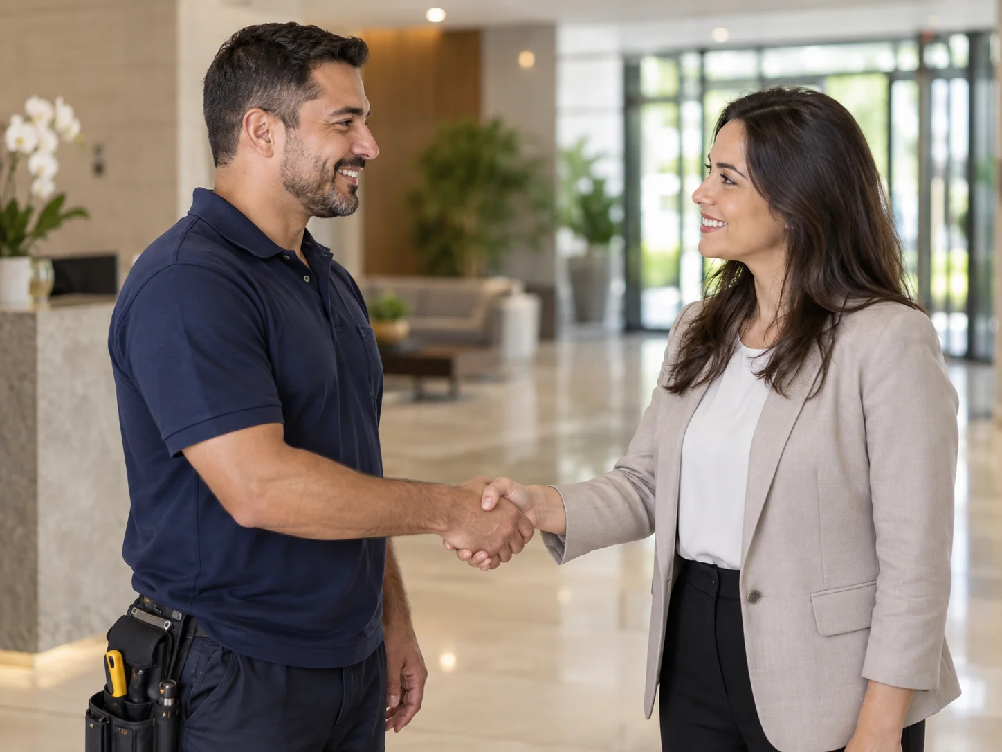 Cena ilustrativa de técnico e cliente satisfeita ao concluir um atendimento